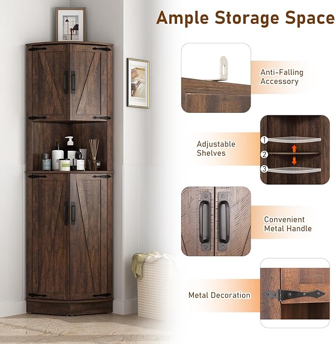 68" Tall Farmhouse Corner Cabinet, Dining Room Storage Cabinet with 4 Barn Doors and 5 Adjustable Shelves, Brown