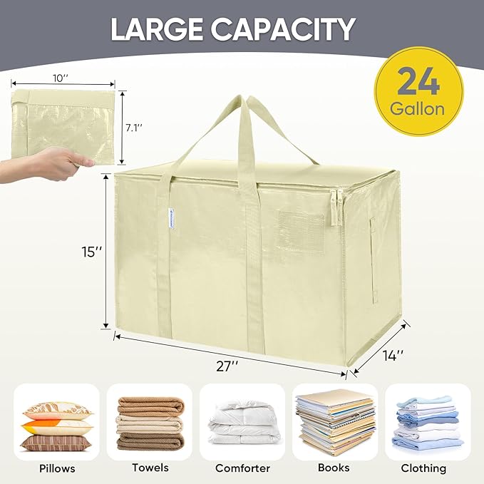 TICONN 6 Pack Extra Large Moving Bags with Zippers & Carrying Handles, Heavy-Duty Storage Tote Moving Boxes for Space Saving (6 Pack, Cream)