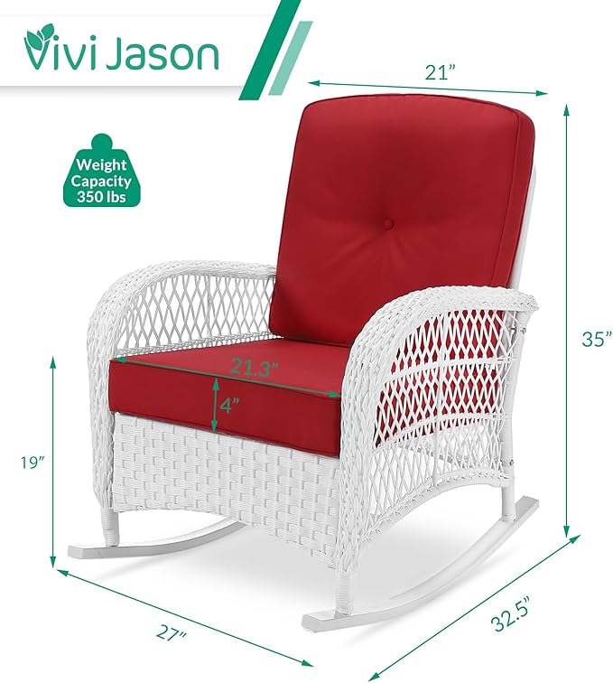 VIVIJASON 2 Piece Patio Wicker Rattan Rocker Chair, Outdoor Rattan Rocker Chair with Cushions & Steel Frame, All-Weather Rocking Lawn Wicker Furniture for Garden Backyard Porch (White Wicker/Red)