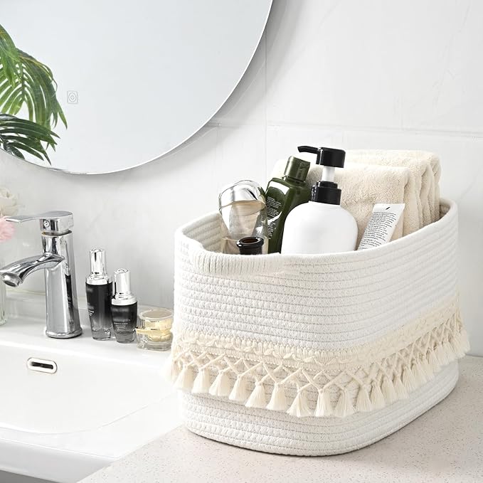 6 Pack Storage Basket for Shelves, Boho Cotton Rope Storage Bins with Heavy Tassel, Shelf Baskets Large Woven Baskets for Organizing, Cube Organizer Bins, Baby Laundry Basket for Clothes, Toys, Pets