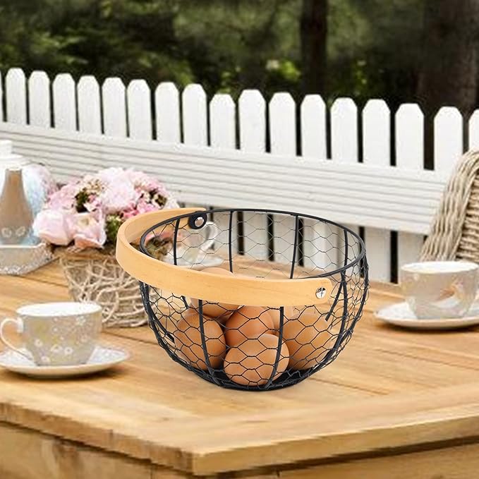 Farmhouse Wire Egg Basket for Gathering Fresh Eggs with Wooden Handle, Vintage Style Metal Egg Collecting Basket Countertop Storage Container Holder for Kitchen Decor and Fruit Bin (Black)