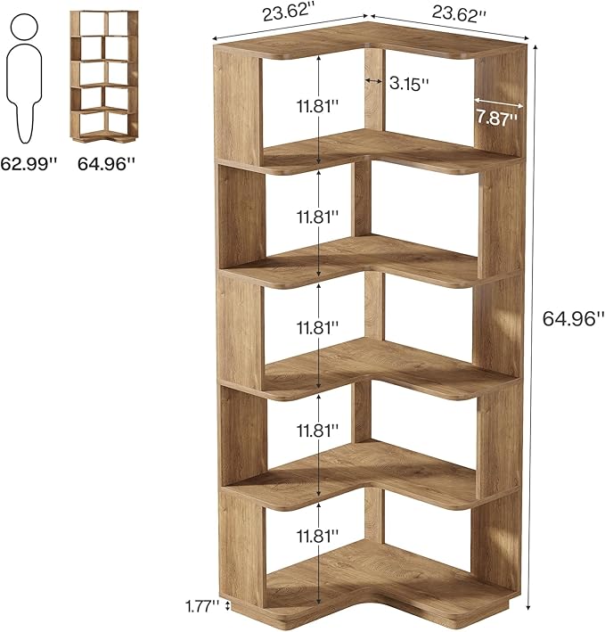 Tribesigns 6 Tier Corner Bookshelf, 64.9 Inches Tall L Shaped Bookcase with Anti-Drop Panel, Freestanding Wood Grain Shelf Display Rack Storage Organizer for Home Office (Light Brown)
