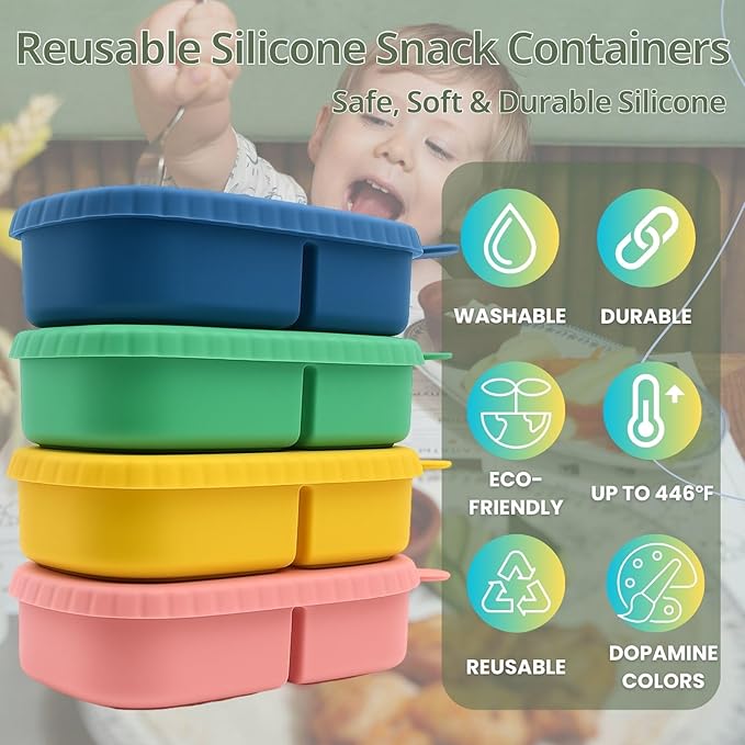 2 Pack Reusable Silicone Snack Containers with Lid, Strap, Spoon & Fork-2 Compartments Portable Mini Containers，Silicone Snack Storage Box for Picnic, Office, School(blue+green)