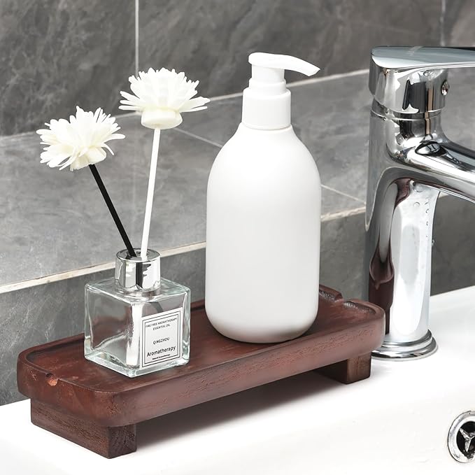 Wood Riser Small Decorative Tray Sink Soap Dish, Vanity Tray Pedestal Stand 8.7 x 3.6 inches (Dark Brown)