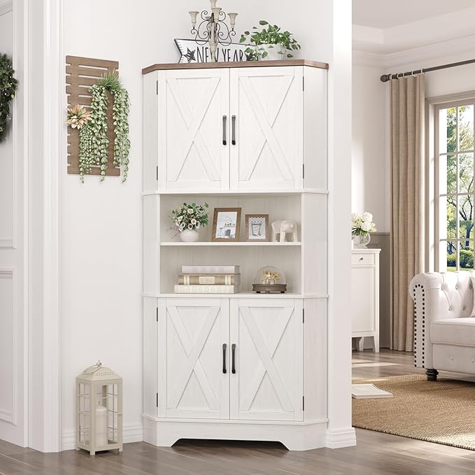Corner Cabinet, 67''H Kitchen Pantry Storage Cabinet, 6-Tier Corner Food Pantry Hutch with 4 Barn Doors and Shelves, Tall Farmhouse Furniture for Kitchen Dining Living Room, White