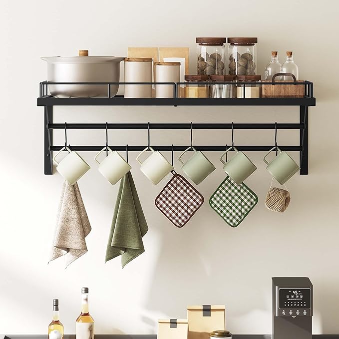 Pot Rack, 30 Inch Wall Mounted Pot Rack, Kitchen Pot and Pan Organizer with 2 Tier Hanging Rails, 12 S-Hooks, Space Saving, for Kitchen Cookware Organizer, Black PR02BK