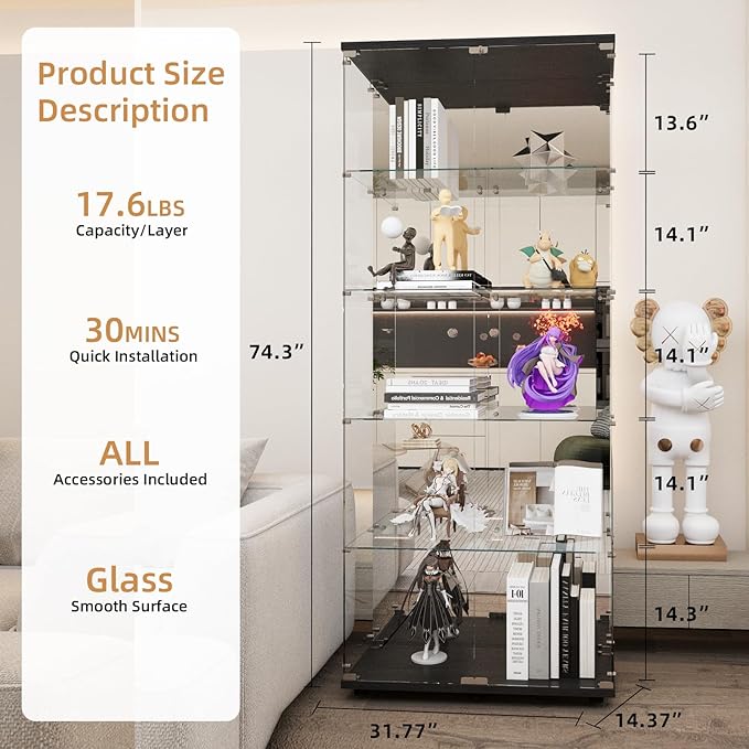 Beauty4U Glass Display Cabinet with Mirror Back Panel, 5 Shelves with 2 Doors, Curio Cabinets for Living Room, Bedroom, Office, Black Floor Standing Glass Bookshelf, Quick Installation