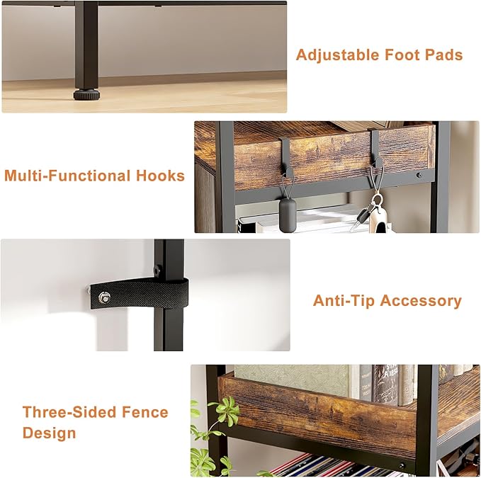 KOUSEI 6-Tier L-Shaped Reversible Corner Bookshelf, 69" Rustic Brown Industrial Wood & Metal Bookcase, Wide Open Shelves + 4 Hooks for Living Room/Bedroom/Home Office