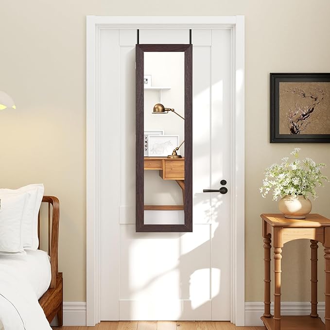 Giantex Wall Mounted Jewelry Cabinet with Full Length Mirror, Over The Door Jewelry Armoire Organizer with Large Storage, Makeup Mirror & Velvet Lining (Brown)