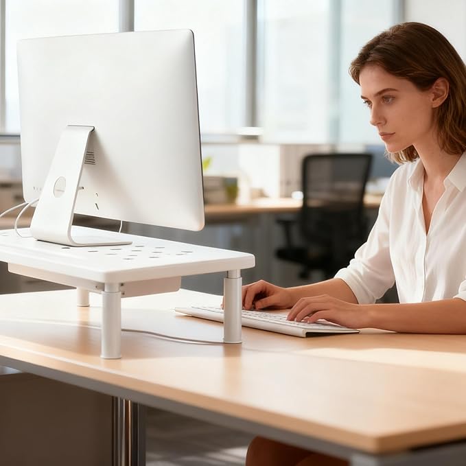 Monitor Stand Riser with Drawer - Adjustable Height (10.5-14.5cm) 3 Gears, Carbon Steel Desk Organizer for Computer/Laptop, Ventilated, Multi-Layer Storage for Office Home (White)