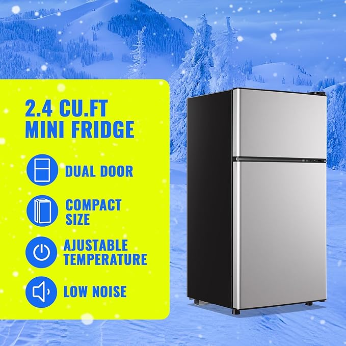 Small Fridge with Freezer Small Refrigerator 2.4 Cu.ft Fridge Dual Door Apartment Size for Personal Senven Temp Gear Silver