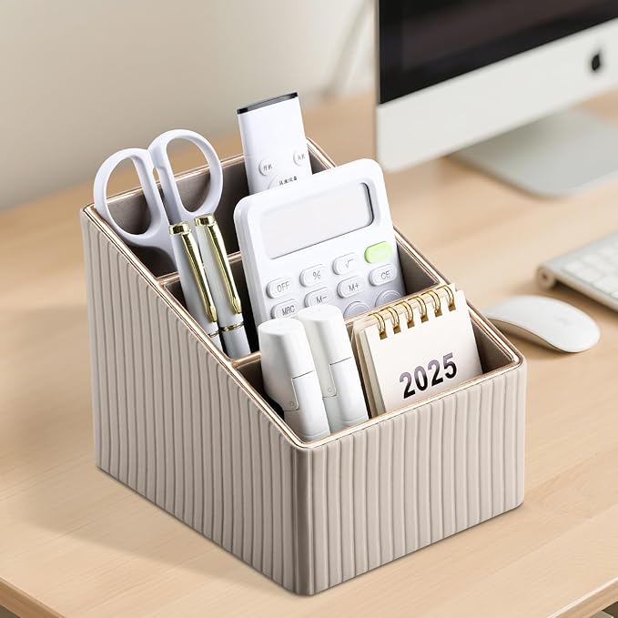 KINGFOM 3 Slot PU Leather Remote Controller Holder, Home Sundries Storage Box, TV Guide/Mail/CD Organizer/Caddy/Holder with Free Cable Desk Organizer (Dark Beige)