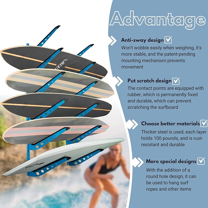 Snowboard Wall Mount, Adjustable 5/6 Board Surfboard Rack, Surfboard Wall Hangers for Surfboard, Wakeboard, and Snowboard Storage at Home or Garage