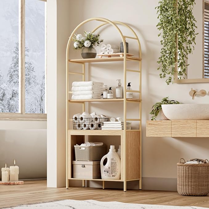 BREEZEHEAT 4-Tier Arched Bookshelf, 72" Tall Bookcase with Storage Shelves, Floor Standing Open Display Storage Shelf with Metal Frame, Large Organizer for Living Room, Home Office, Bedroom, Natural