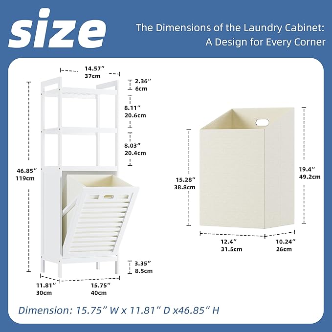 HITNET Bamboo Tilt Out Hamper, Bathroom Laundry Cabinet with Hidden Foldable Basket, Freestanding Clothes Storage Organizer with Storage Shelf, White