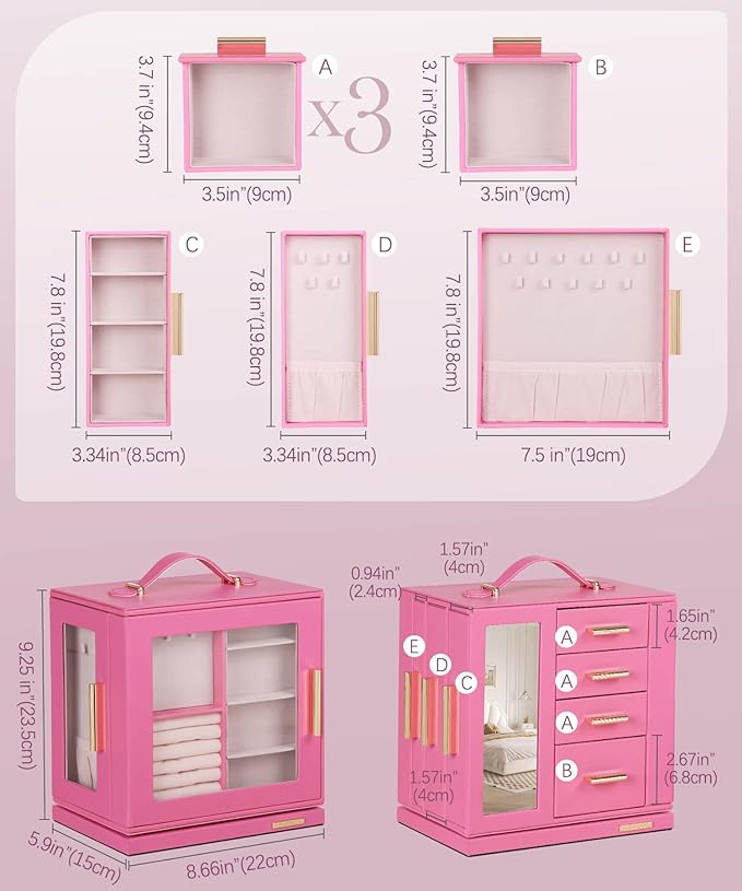 Homde Christmas Gifts Jewelry Box 360° Rotating, Necklace Earring Organizer with Transparent Window, Mirror, 7 Drawers, Large Ring Display Storage Case for Girls Women (Pink)