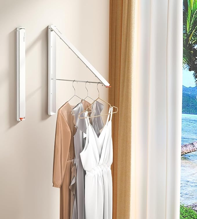 Dr.DJ Clothes Drying Rack Wall Mounted, Retractable & Foldable Clothes Hanger for Laundry Room Organization and Storage, Clothes Hanger Rack for Dorm, Closet, Balcony, Laundry Room(2Pack, White)