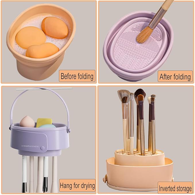 Makeup Brush Cleaner Mat,3 in 1 Upgraded Foldable Silicone Makeup Brush Cleaner Cosmetic Brush Cleaner Makeup Brush Scrubber Bowl for Cleaning, Organizer And Upside Down Drying(Foldable Purple)