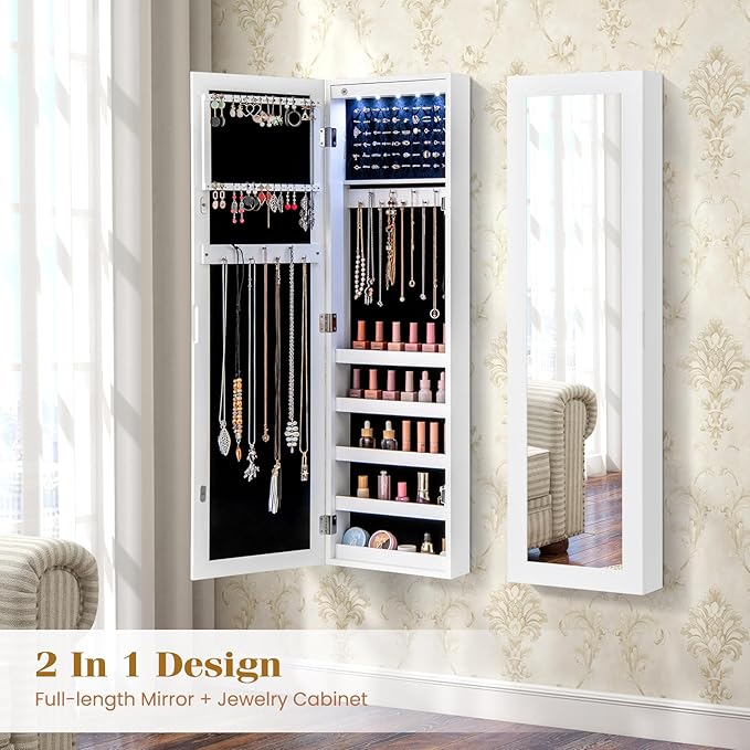 Giantex Wall or Door Mounted Jewelry Cabinet with Full Length Mirror, Over The Door Jewelry Armoire Organizer with Lights, Large Storage with Necklace Hooks, Earring Slots & Shelves (White)