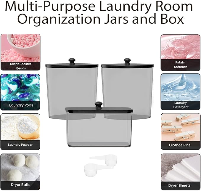 3 Pack Laundry Powder Container & Dryer Sheet Holder, Plastic Laundry Room Organization and Storage Jars with Lids, Labels & Scoops for Powder, Detergent, Scent Booster (Black)