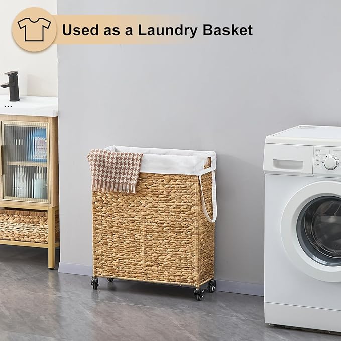 Rolling Laundry Hamper with Wheels, Slim Laundry Basket with Removable Liner Bag & 2 Mesh Bags, Handwoven Water Hyacinth Clothes Hamper for Bedroom Bathroom (Natural, 85L)