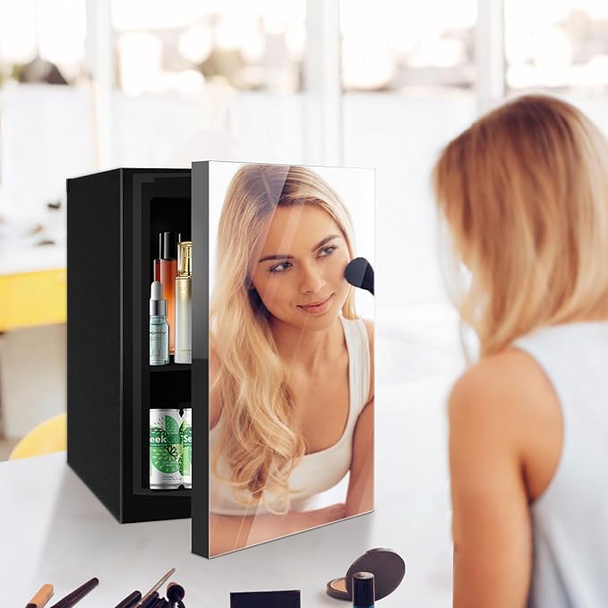 Mini Fridge with Mirror Door - Adjustable Shelves & Temp Control for Drinks, Skincare, Soda, Beer, Wine - Home, Office, Dorm (0.9 Cu.Ft)