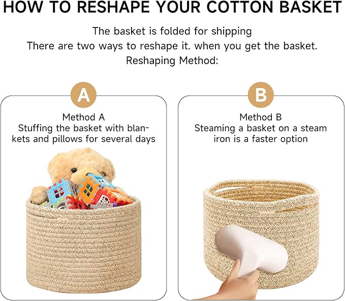 Small Basket for Organizing | Cube Shelf Closet Storage Baskets | 9.7×9.7×7.1” | Woven Rope Gift Basket | Nursery | Round 3 Packs Light Pink