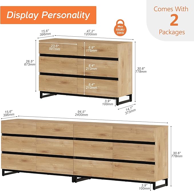 WAMPAT Dresser for Bedroom, Closet Organizers and Storage with 12 Drawers, Chest of Drawers with Metal Base, Modern Wooden Dresser for Living Room, Bedroom, Oak