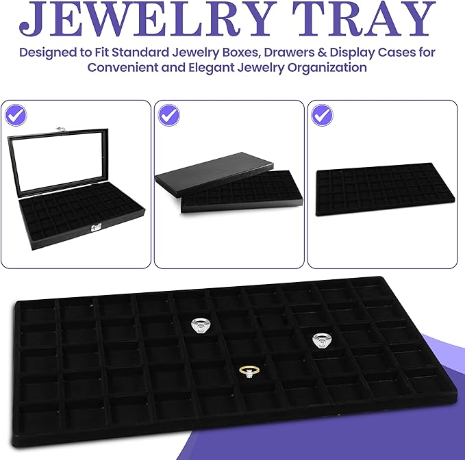Novel Box 5 Pack 50-Slot Black Liner Jewelry Storage Tray Inserts 14.75x8.25x1 Inches - Jewelry Organizer Pad for Drawers & Store Displays - Jewelry Display Pads for Rings Earrings & Pendants