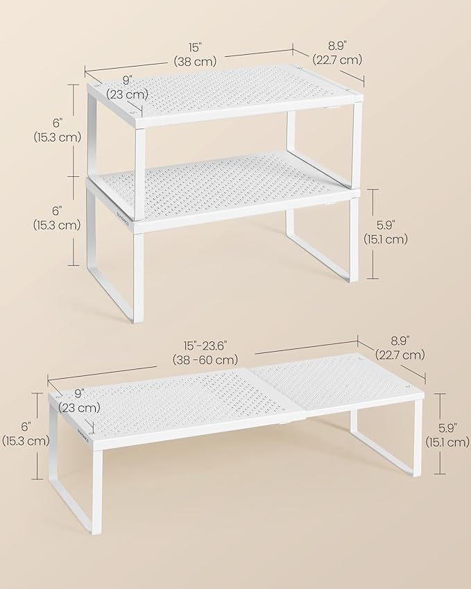 SONGMICS Set of 2 Expandable Pantry Kitchen Organizers, Adjustable Spice Rack, Stackable Cabinet Organizers, Metal, Space-Saving Tabletop Shelves, Matte White UKCS402W01