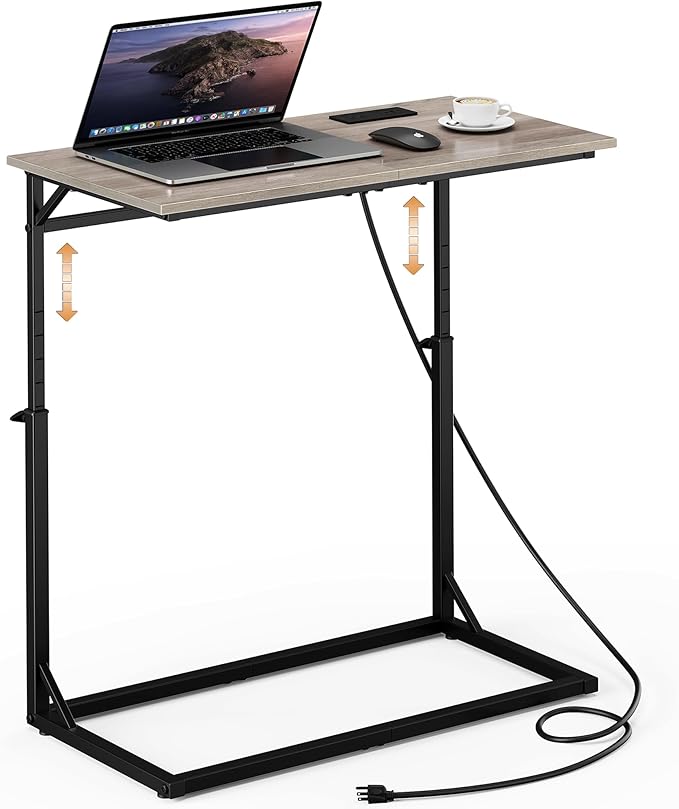 Vagusicc C Shaped End Table with Charging Station, C-Table End Table Adjustable Height Side Table for Couch, Large Couch Table, Slide Under Couch Table TV Tray Table for Sofa,Living Room,Bedroom, Grey