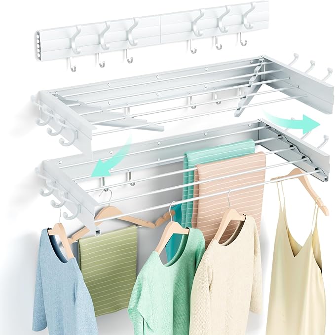 BAKON Wall Mounted Drying Rack, Indoor Outdoor Foldable Wall Mounted Clothes Drying Rack, Concealed Wall Drying Rack - Space Saving for Storage and Drying Clothes, 6 Hooks, 5 Poles (31.5"【Upgrade】)