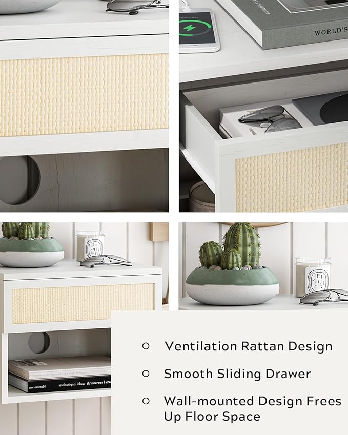 Rattan Floating Nightstands Set of 4, Wall Mounted End Table with Drawer and Open Compartment Modern Wood Bedside Night Stand Storage Cabinet for Bedroom Living Room, Antique White
