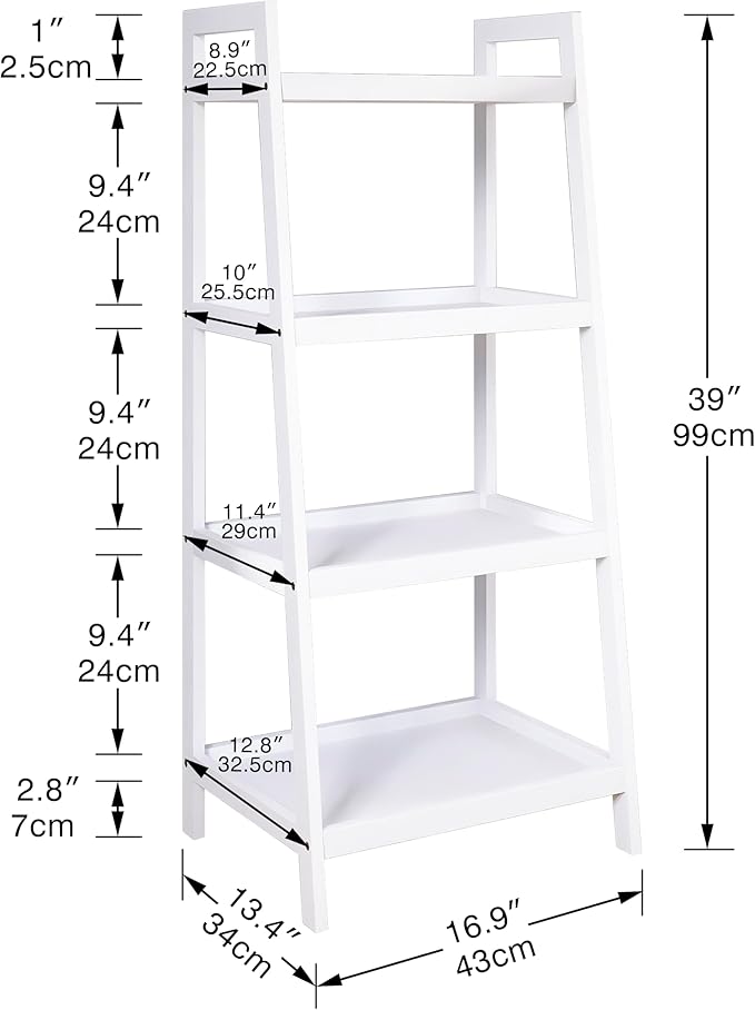SMIBUY Bamboo Ladder Bookcase, Bathroom Storage Rack Organizer, 4 Tier and 5 Tier Freestanding Plant Display Stand Space Saver Shelves for Bedroom, Kitchen, Balcony (White, 4 Tiers (39" H))