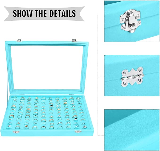 Velvet Ring Display Tray Organizer Box with Transparent Lid, 100 Slot Ring Holder Showcase For Store Display Jewelry Show Home, Ring Organizer For Rings Earrings (Light Blue)