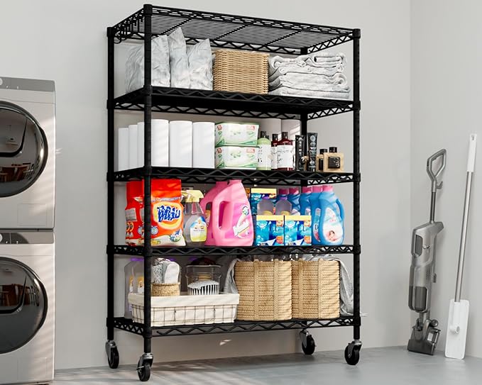 PrimeZone Wire Shelving Unit with Wheels, 5 Tier Adjustable NSF Certified Heavy Duty Metal Storage Shelves, Pantry Organizer Rack Rolling Kitchen Shelf for Closet, 24" W x 18" D x 75" H, Black, 3 PCS