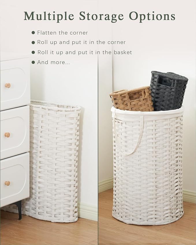 Laundry Basket Round Rattan Laundry Hamper 29.1 Gal (110 L) Handwoven Large Wicker Basket with Handles, Wicker Hamper with Removable Bags and 2 Mesh Bags for Bathroom Living Room White