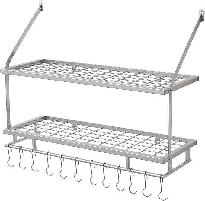 KES 30-Inch Silver Gray Pot Rack Wall Mounted, 2-Tier Hanging Pot and Pan Organizer with 12 Sturdy Hooks, Kitchen Wall Hanger Shelves Modern, KUR215S75B-SG