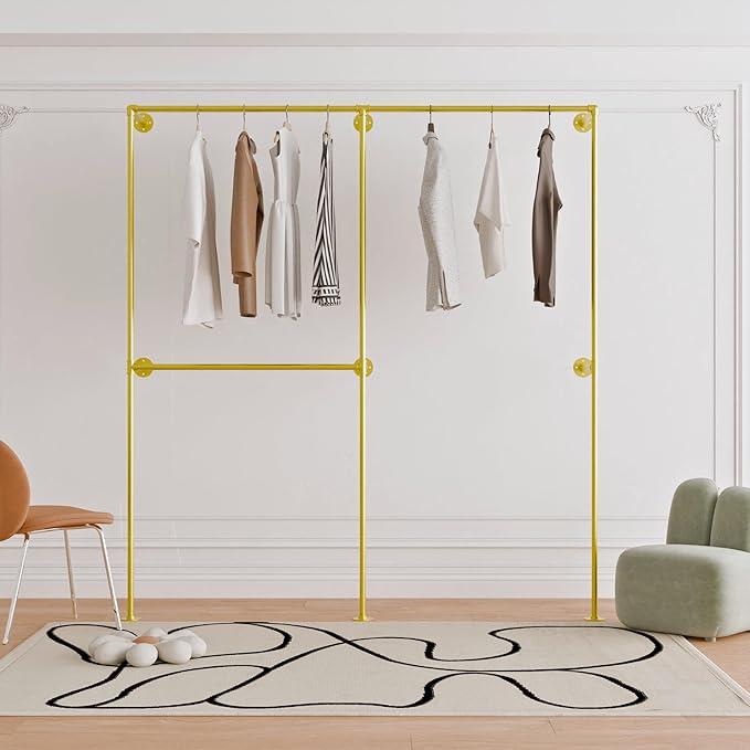 Industrial Pipe Clothing Rack, Heavy Duty Wall Mounted Clothes Rack,Retail Display Hanging Garment Rod for Laundry Rooms, Closet Storage, 14.6x75x82.7 Inches, Model K08 Gold