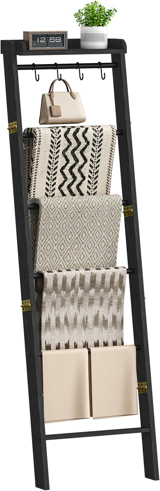 Blanket Ladder Shelf, Decorative Quilt Rack, 7-Tier Farmhouse Ladder Holder Organizer with 4 Removable Hooks, Black BR36804B