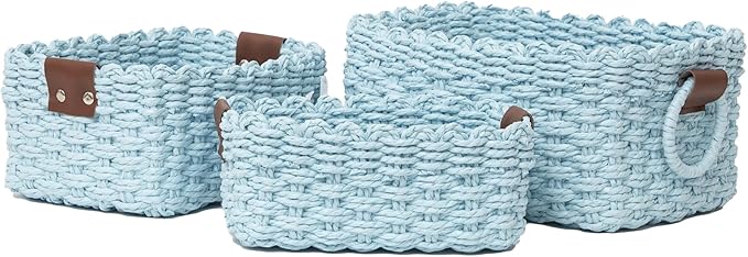 Small baskets for Organizing,Cute woven Storage basket with recycled paper rope for Shelves Bathroom,Little decorative basket,Set of 3 (Sky-Blue)