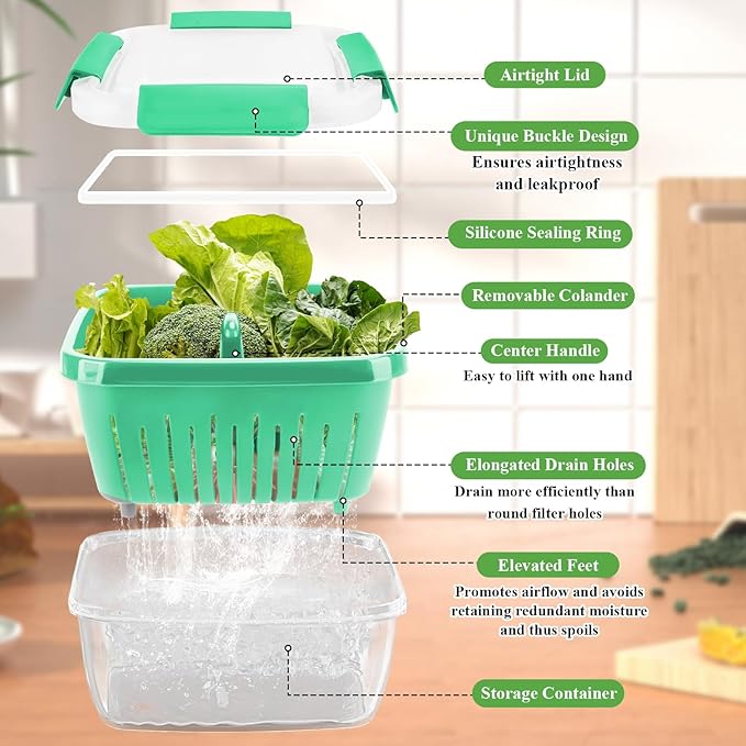 50oz Berry Keeper Fruit Storage Container for Fridge, Fresh Food Produce Saver Containers with Removable Drain Colander, Vegetable Lettuce Keeper Bowl, Refrigerator Organizer, PRESS TO OPEN CLOSE LID