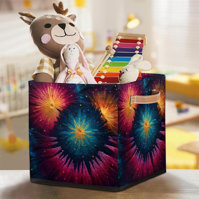 TropicalLife 13x13x13 Inch Large Fabric Storage Cube Tie Dye Foldable Storage Bin with Handles Organizer Boxes Cube Basket for Shelves Organizing Closet