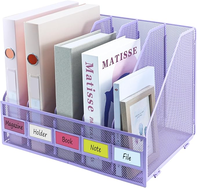Desk Organizers, Metal Magazine File Holder with 5 Vertical Compartments Rack Binder File Organizer for Office Supplies, Home Workspace - Purple