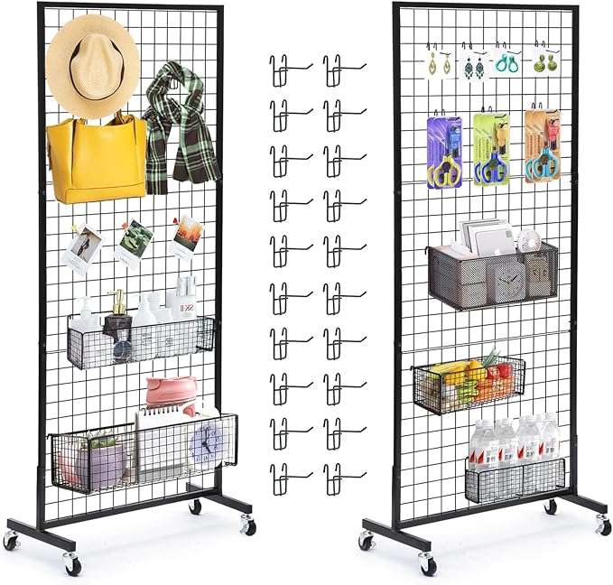Eastern Tree Grid Wall Panels, Gridwall Panels Stand with T-Base, Black Wire Grid Wall Panel Display with Wheels, Craft Fair Display Rack, Retail Display, 2 Packs 2.5'x 6', Extra More 20 Pieces Hooks