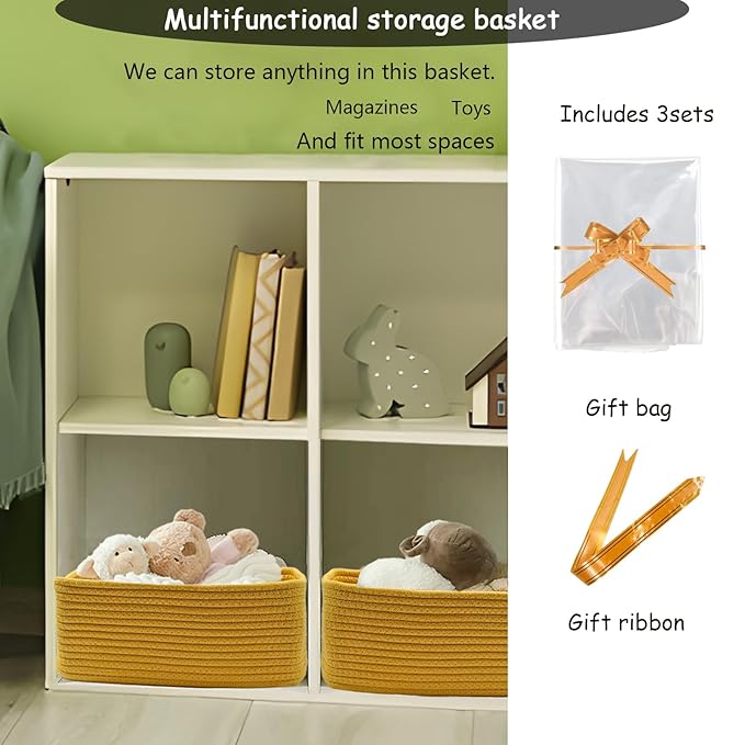 COMFY-HOMI 13" x 8.5" x 5.1" Storage Baskets for Organizing | Cotton Rope Woven Basket | Toy Storage Bin Box | Basket for Shelves, Closet Organizer Bin, Decorative Closet Shelf, 1 Pack, yellow