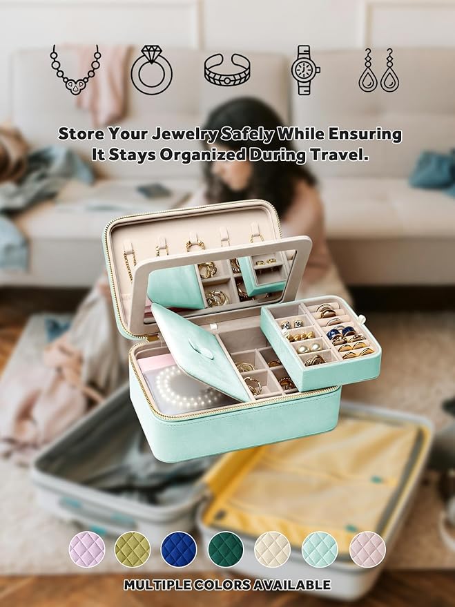 Velvet Travel Jewelry Box with Large Mirror, Double-Layer Jewelry Organizer Case for Women and Girls, Portable Storage Case with 6 Anti-Tarnish Bags Gift Ready for Her (Mint Green)