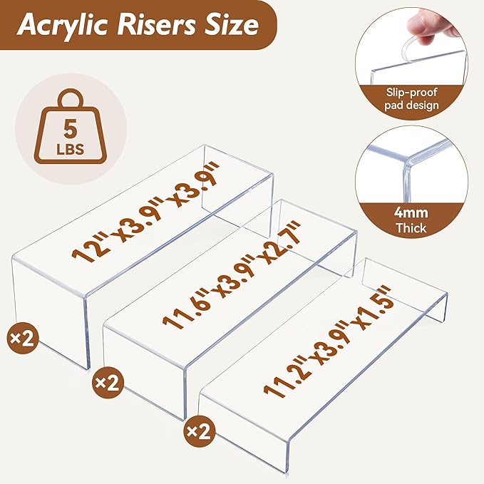 Large Acrylic Display Risers, 2 Set - 6 Pack (12”L~11.6”L~11.2”L) Collectibles Display Shelf, Acrylic Risers Display Stands for Show Figures, Cupcake, Perfume, Jewelry, Toys