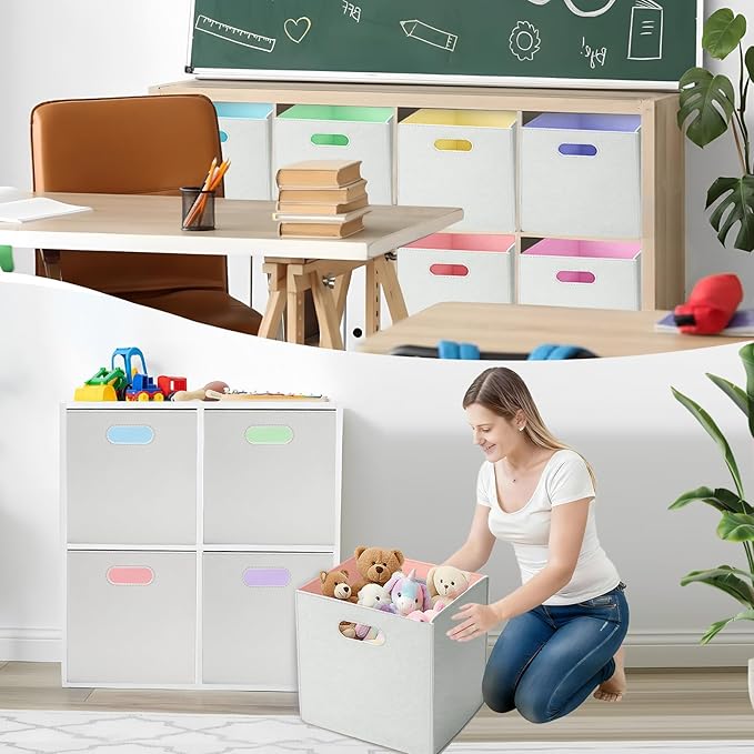 6 Pcs 11 Inch Colorful Felt Storage Cubes with Handle, Collapsible Fabric Storage Cubes Toy Bins Foldable Baskets for Nursery, Playroom, Kids Room, Toys, Books, Clothes(Gray-macaron)