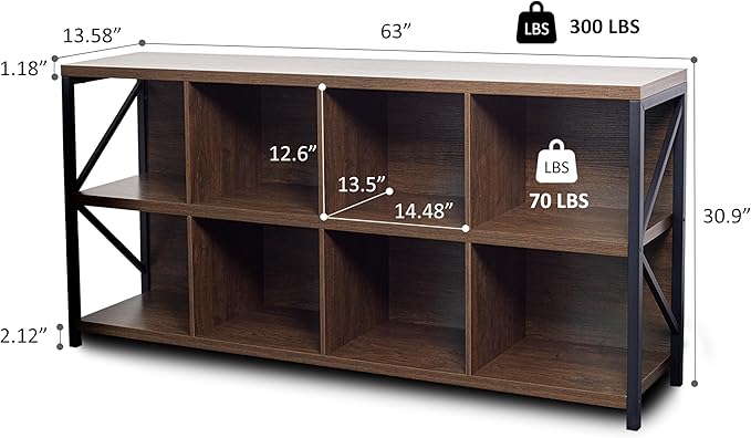 otlectics 2-Tier Bookcase with 8 Cubes, 63 Inch Industrial Horizontal Bookshelf, Home Office Storage Cabinet Organizer with Metal Legs, Brown